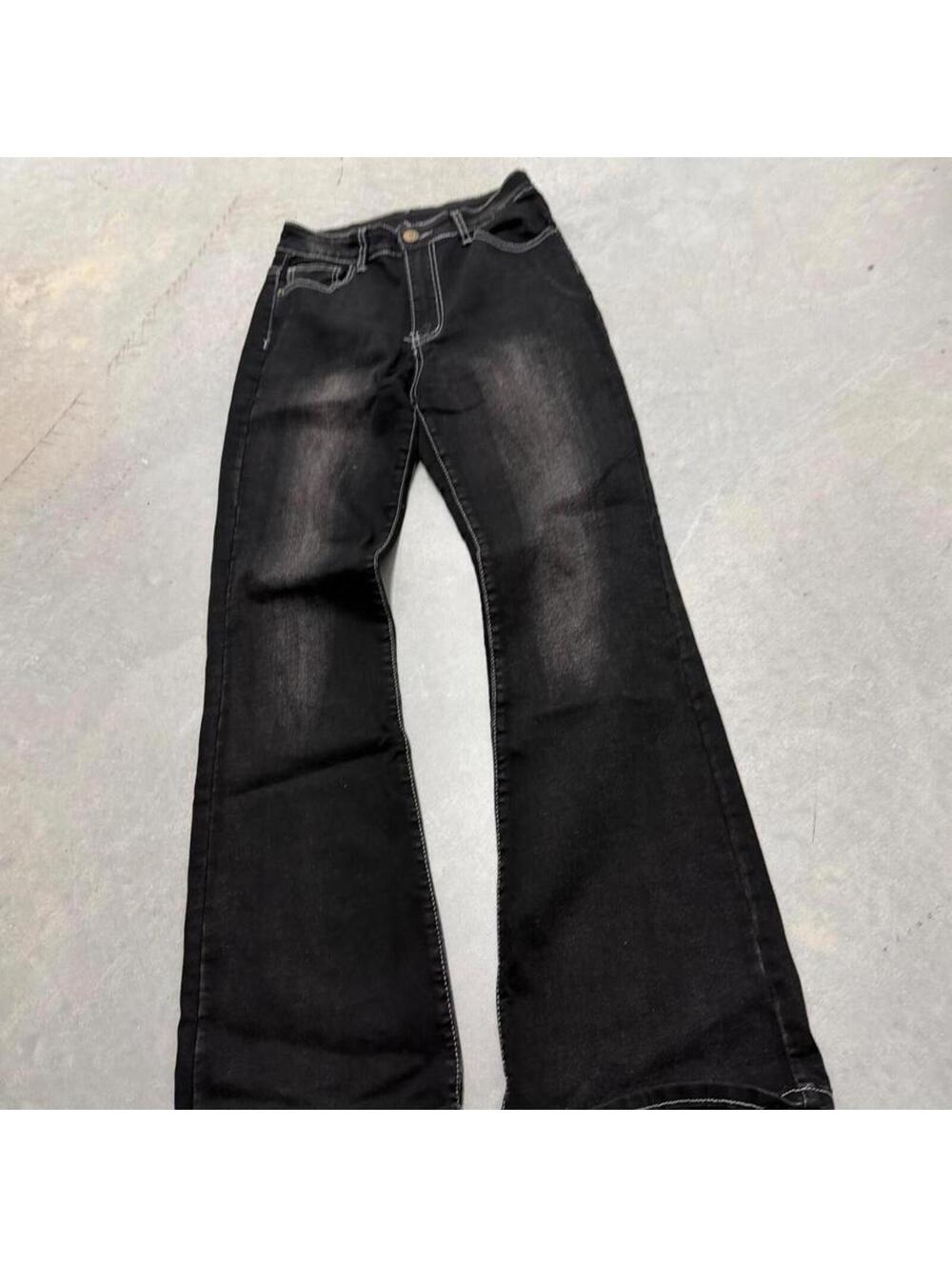 Y2K Shein Womens Size 4 Black Bootcut Flare Jeans Contrast Stitch Stretch Denim